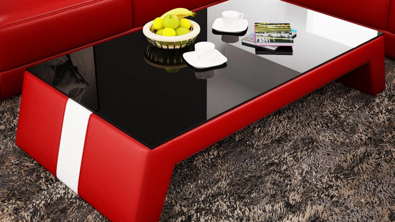 Leatherette Coffee Table: Contemporary Red Leatherette Coffee Table W/Black Glass Table Top