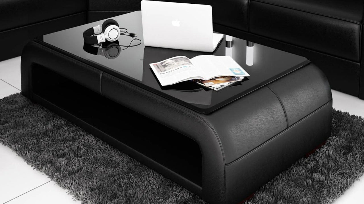 Leatherette Coffee Table: Contemporary Black Leatherette Coffee Table W/Black Glass Table Top