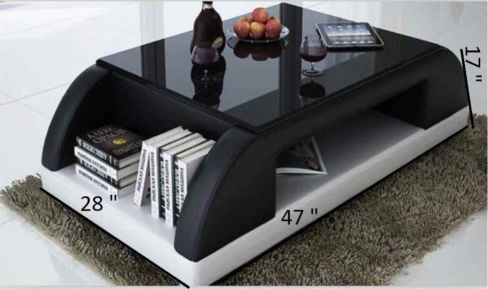 Leatherette Coffee Table: Black and White Leatherette Coffee Table w/Black Glass