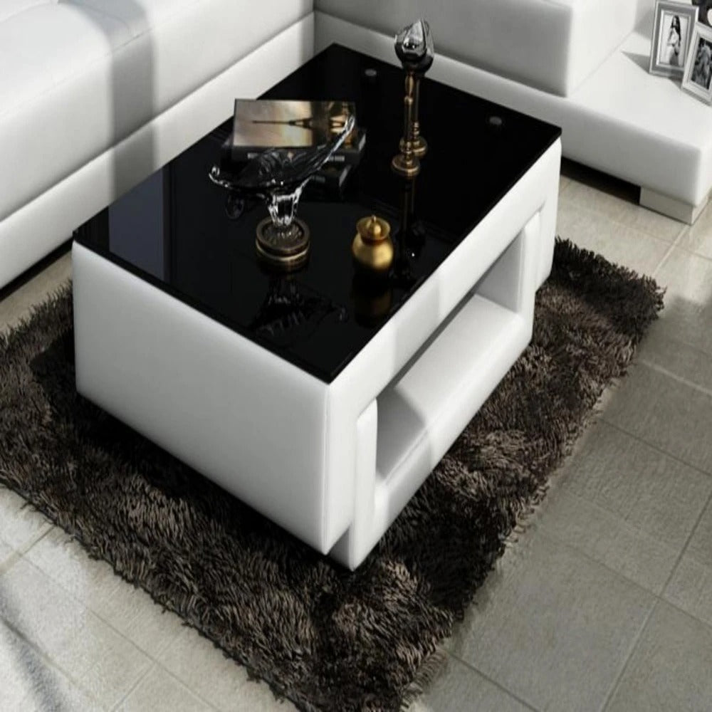 Leatherette Coffee Table: White Leatherette Coffee Table with Black Glass Table