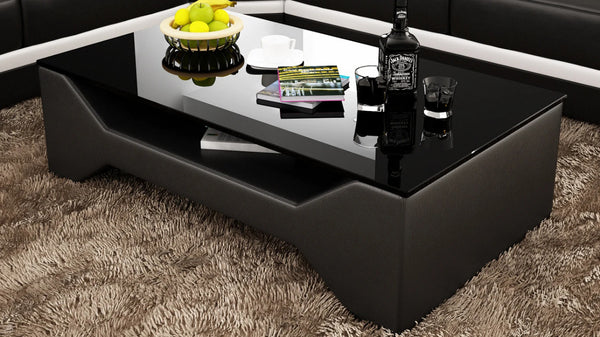 Leatherette Coffee Table: Contemporary Black Leatherette Coffee Table W/Black Glass Table Top