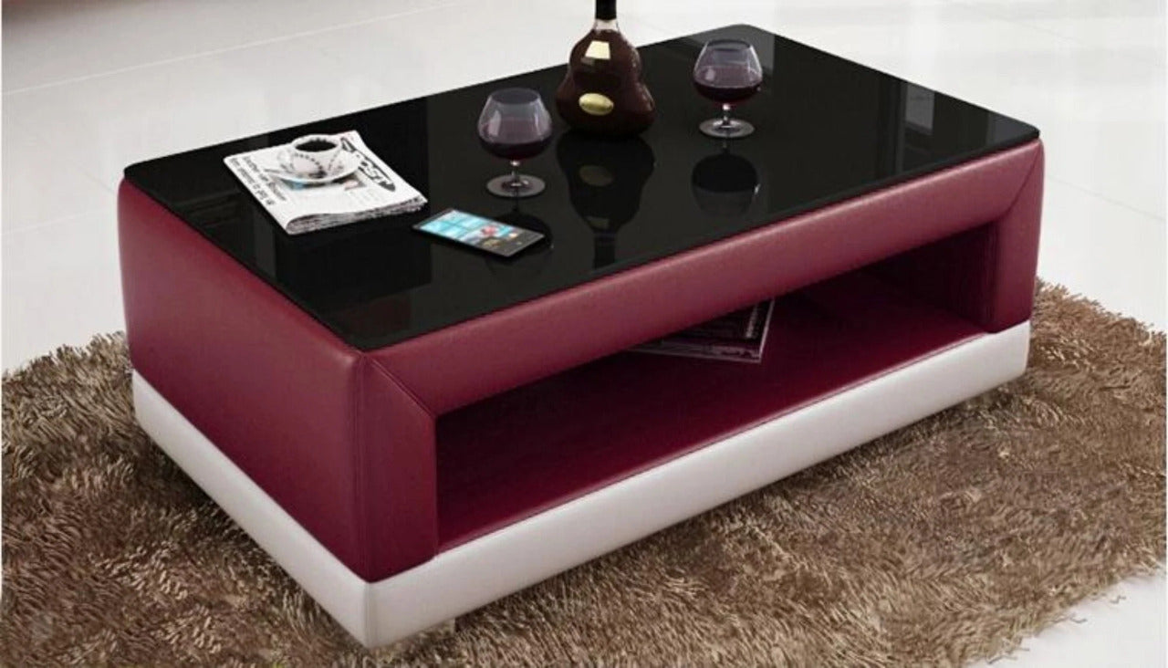 Leatherette Coffee Table: Contemporary Maroon and White Leatherette Coffee Table W/Black Glass Table Top