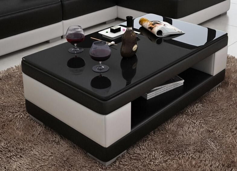 Leatherette Coffee Table: Contemporary Black and White Leatherette Coffee Table W/Black Glass Table Top