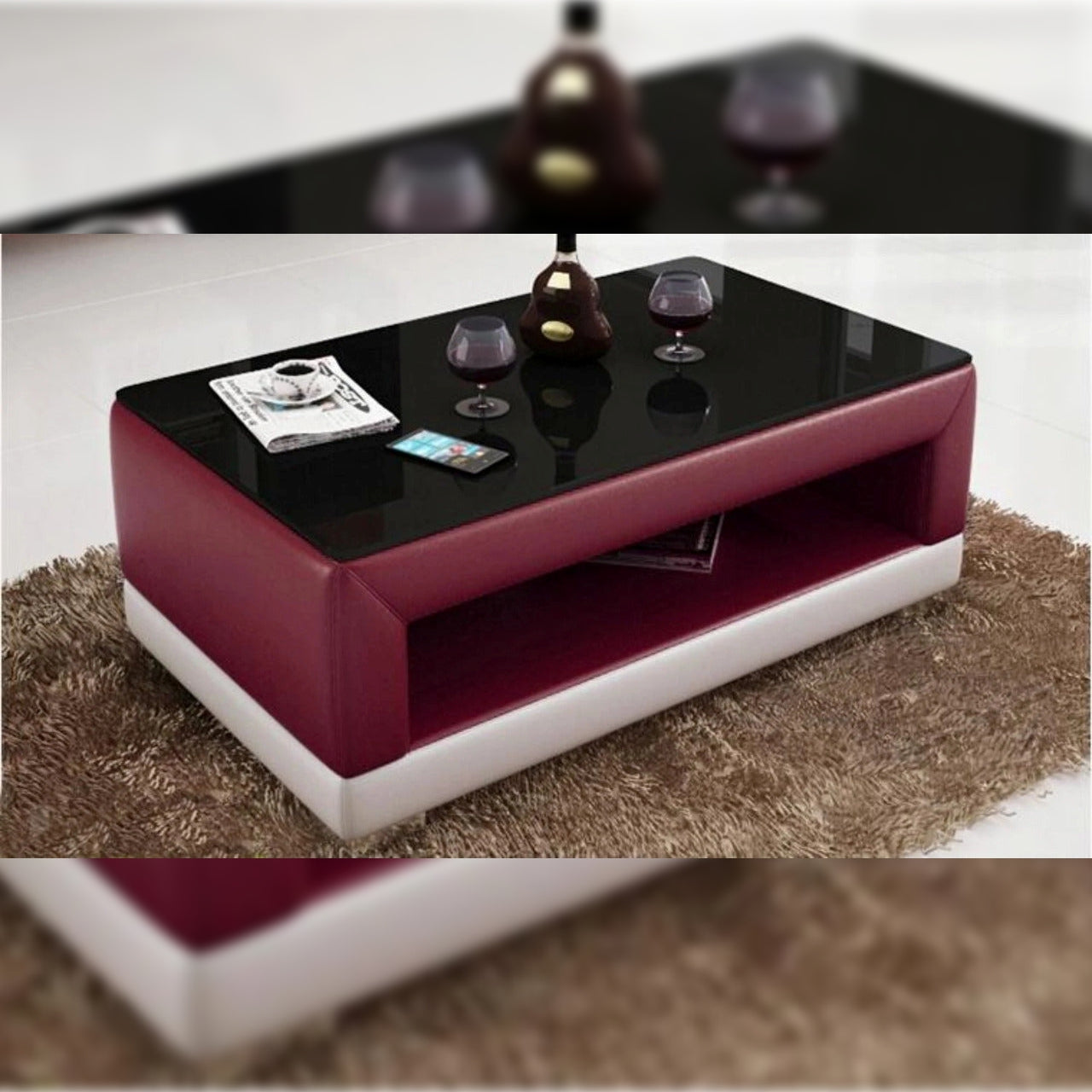 Leatherette Coffee Table Contemporary Maroon and White Leatherette Coffee Table WBlack Glass Table Top