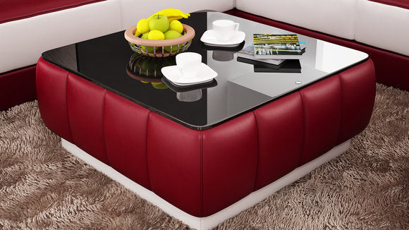 Leatherette Coffee Table: Contemporary Red and White Leatherette Coffee Table /Black Glass Table Top
