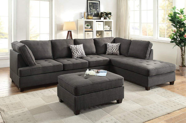 L Shape Sofa Solid Wood Fabric Set (Charcoal Grey Black)