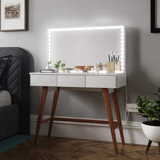 Makeup Vanity: Dressing Table with 3 drawers, wood legs & LED Lights