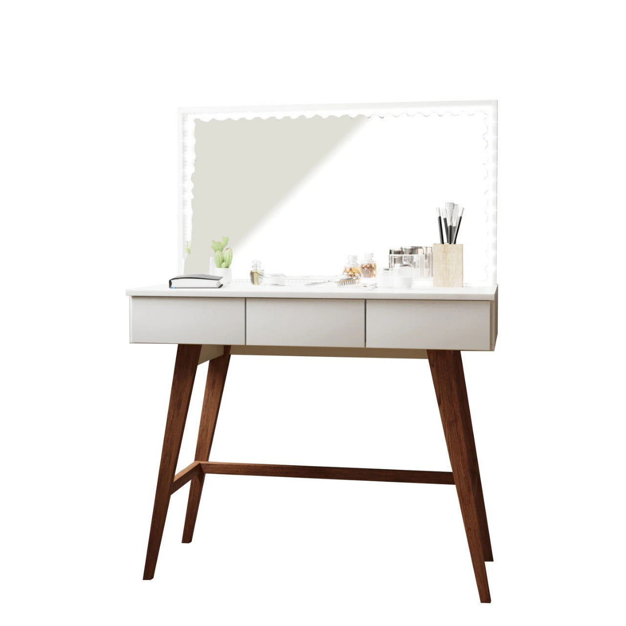 Makeup Vanity: Dressing Table with 3 drawers, wood legs & LED Lights