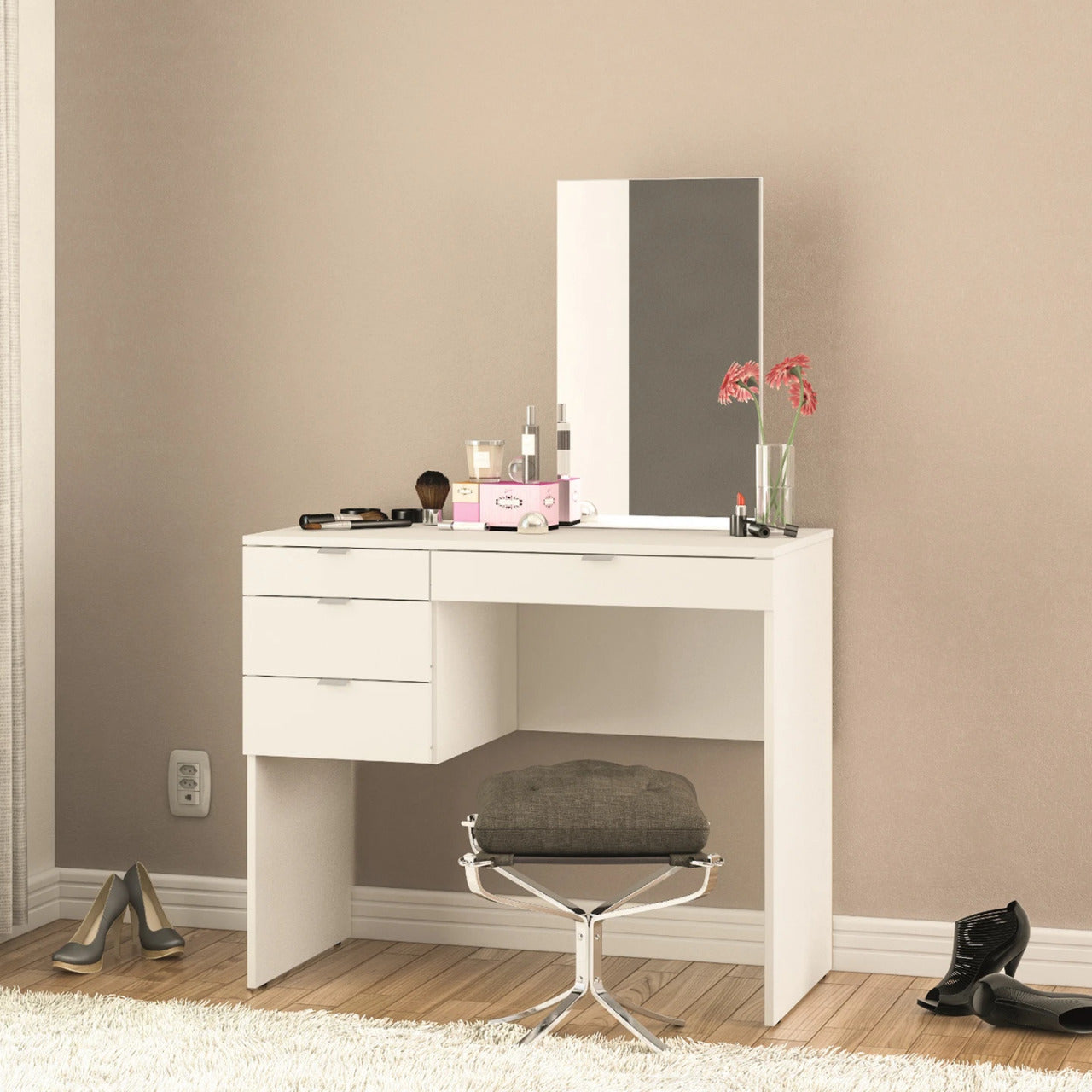 Makeup Vanity : Kate Dressing Table with Mirror, White Finish , 4 Drawers