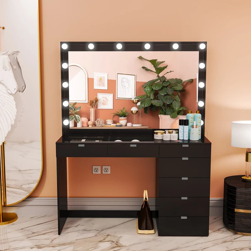 Amazon.com - Rovaurx Makeup Vanity Table with Lighted Mirror, Makeup Vanity  Desk with Storage Shelf and 4 Drawers, Bedroom Dressing Table, 10 LED  Lights, White RSZT104W