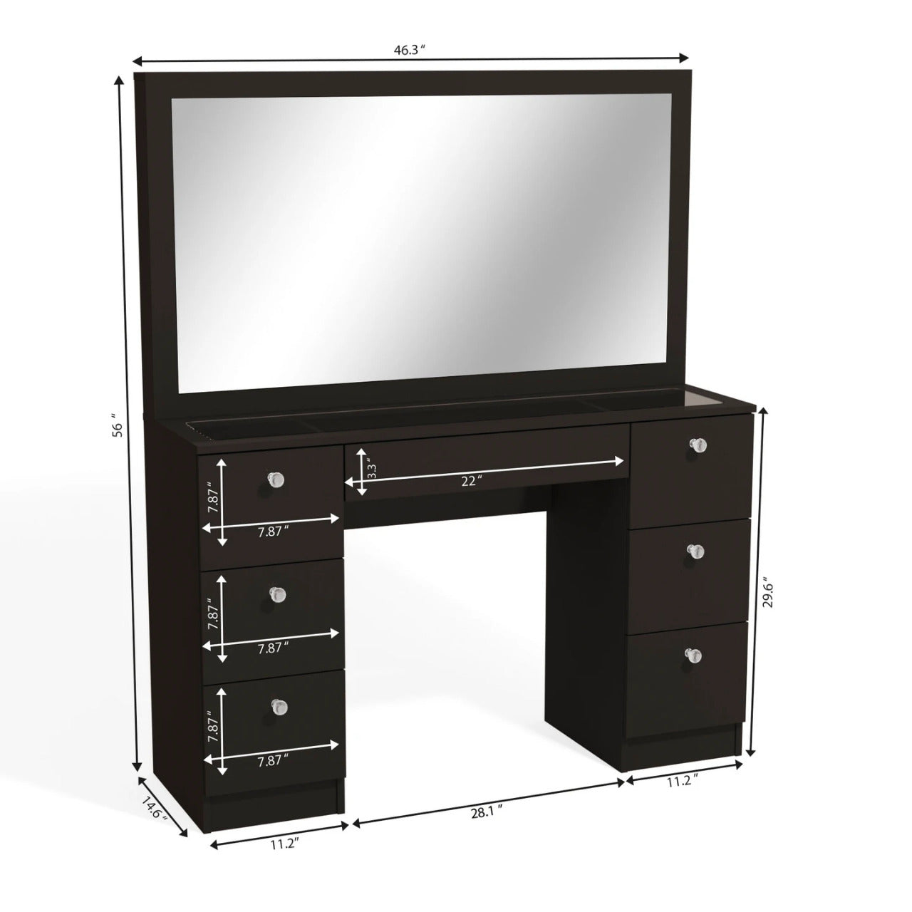 Makeup Vanity: Modern Vanity & 07 Drawers with Glass Top