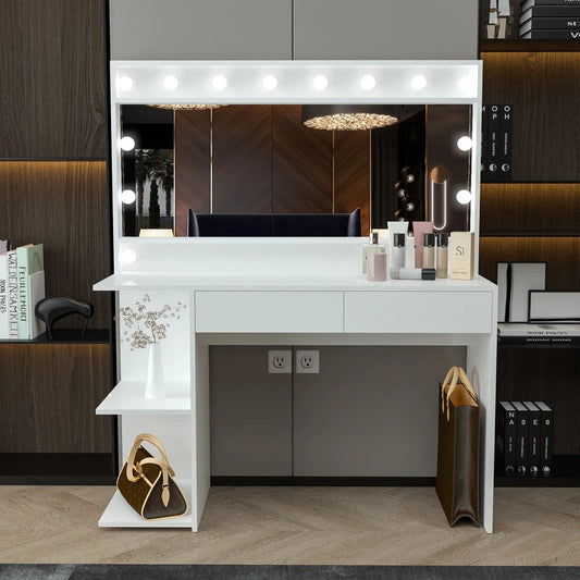 Makeup Vanity: Modern White Dressing Table with Light Bulbs