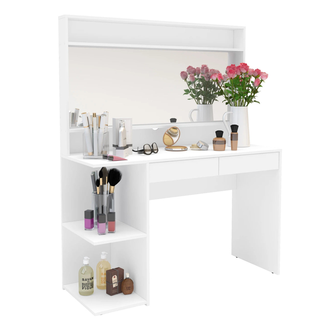 Makeup Vanity : White Makeup Vanity, Dressing Table with 2 Drawers & 3 Shelves