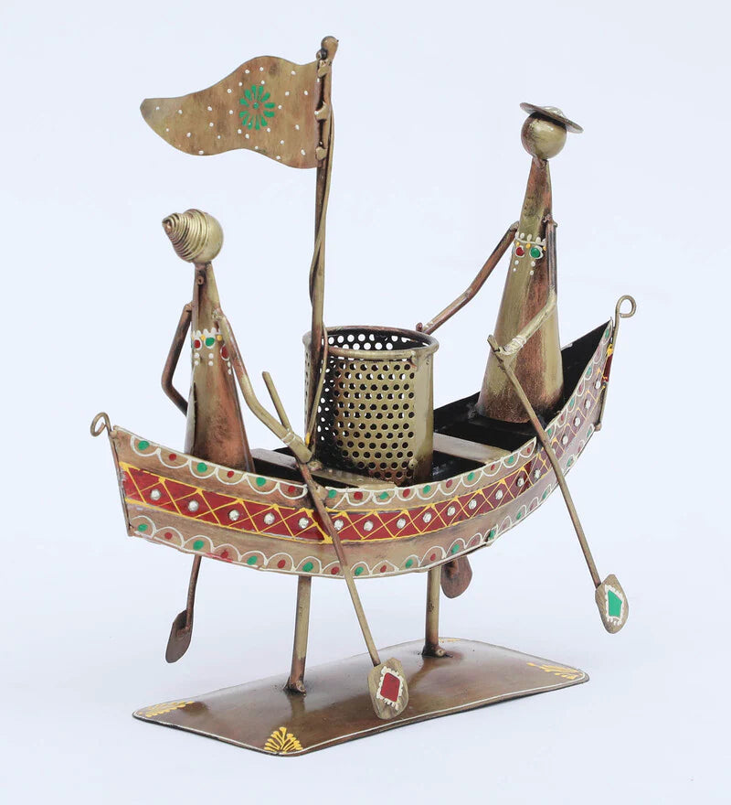 Pen Stand : Metal Multicolour Hand Painted Boat Pen Stand