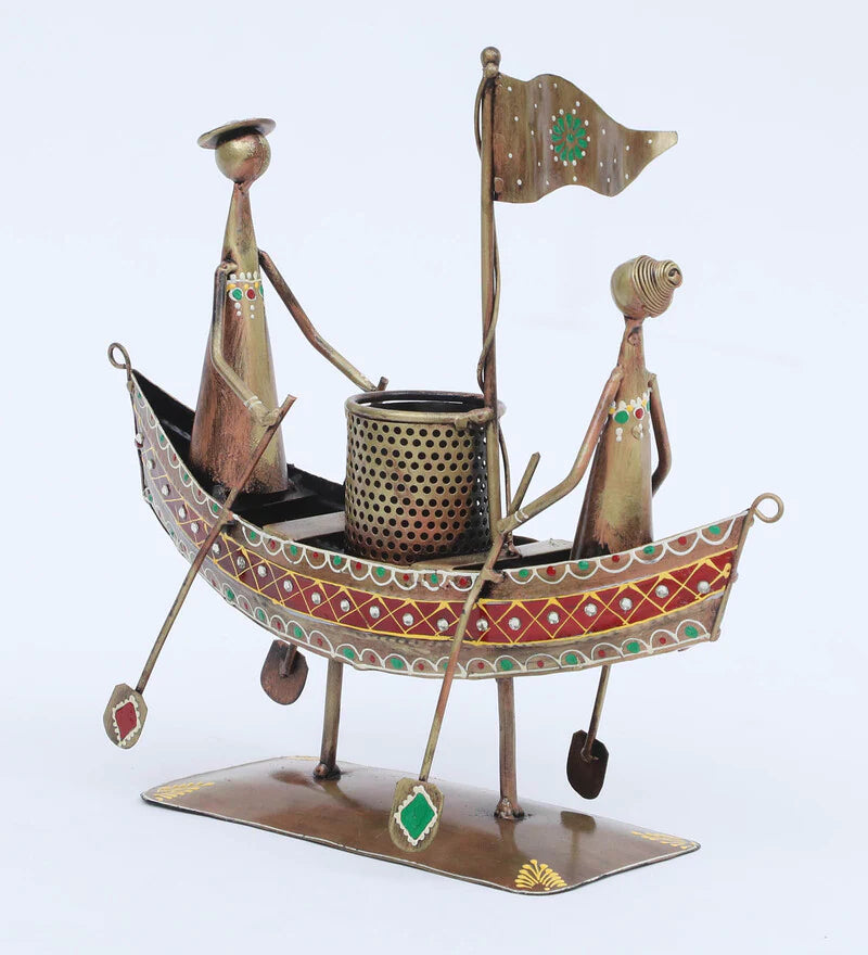 Pen Stand : Metal Multicolour Hand Painted Boat Pen Stand