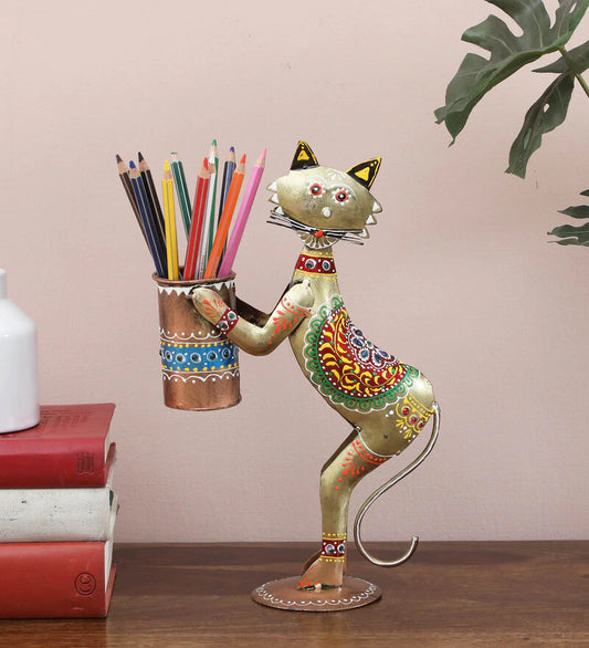 Pen Stand : Metal Multicolour Hand Painted Cat Pen Stand