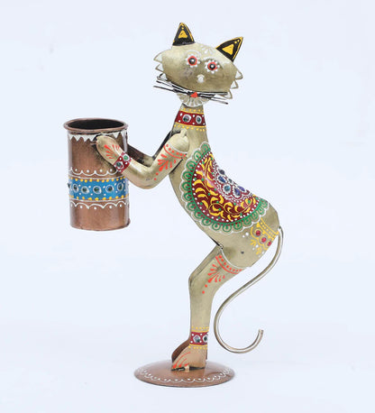 Pen Stand : Metal Multicolour Hand Painted Cat Pen Stand