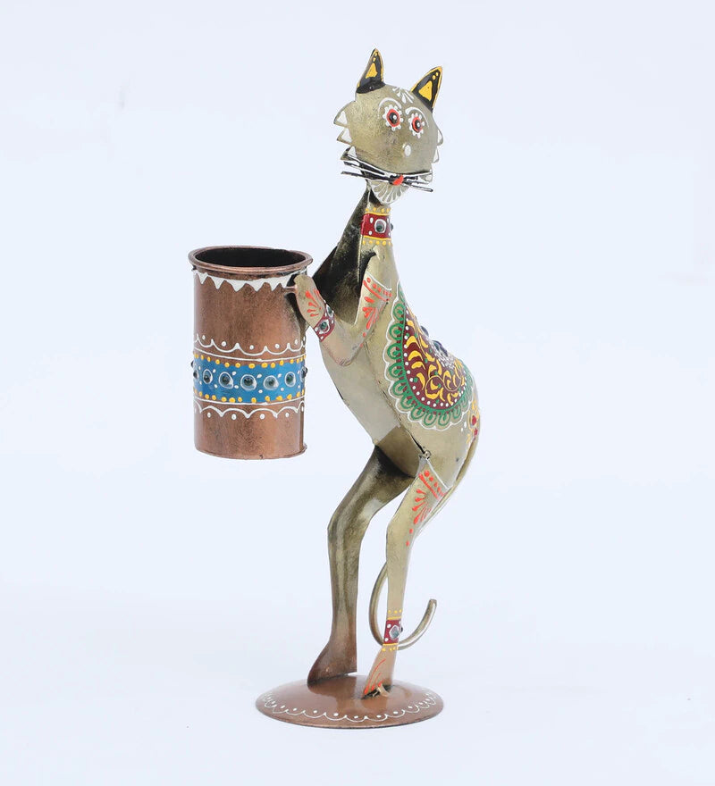 Pen Stand : Metal Multicolour Hand Painted Cat Pen Stand