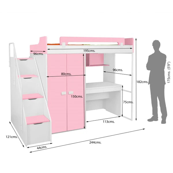 Bunk Beds:- Kids Midsleeper  Bunk Bed with Wardrobe With Study  Table Kids Furniture