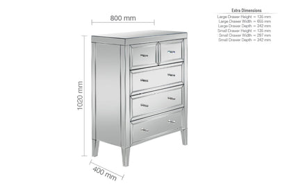 Chest of Drawers: Mirrored 5 Drawer Chest of Drawers