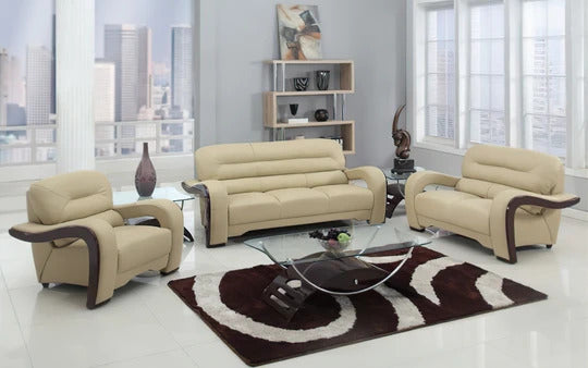 Modern Sofa Set: 6 Seater Leatherette Beige Sofa Set
