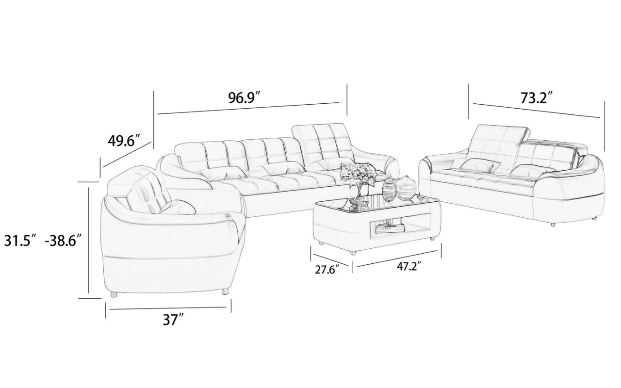 Modern Sofa Set: 6 Seater Leatherette Sofa Set with Adjustable Headrest