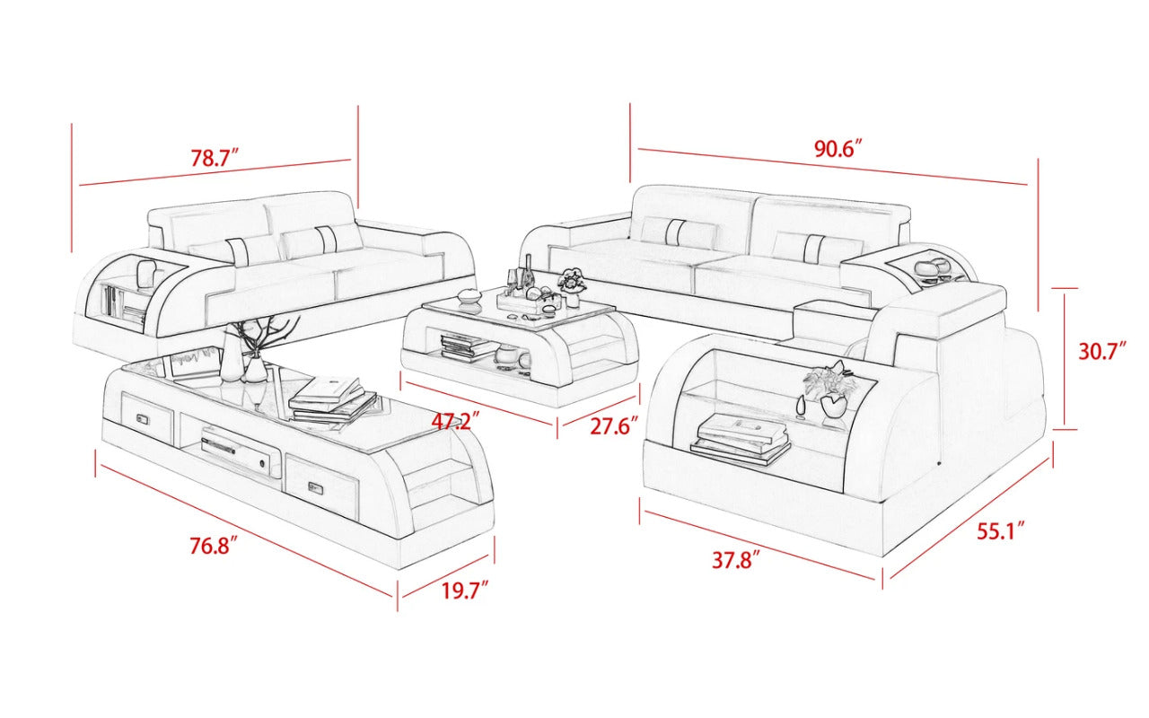 Modern Sofa Set: Leatherette 6 Seater Sofa with Side Storage
