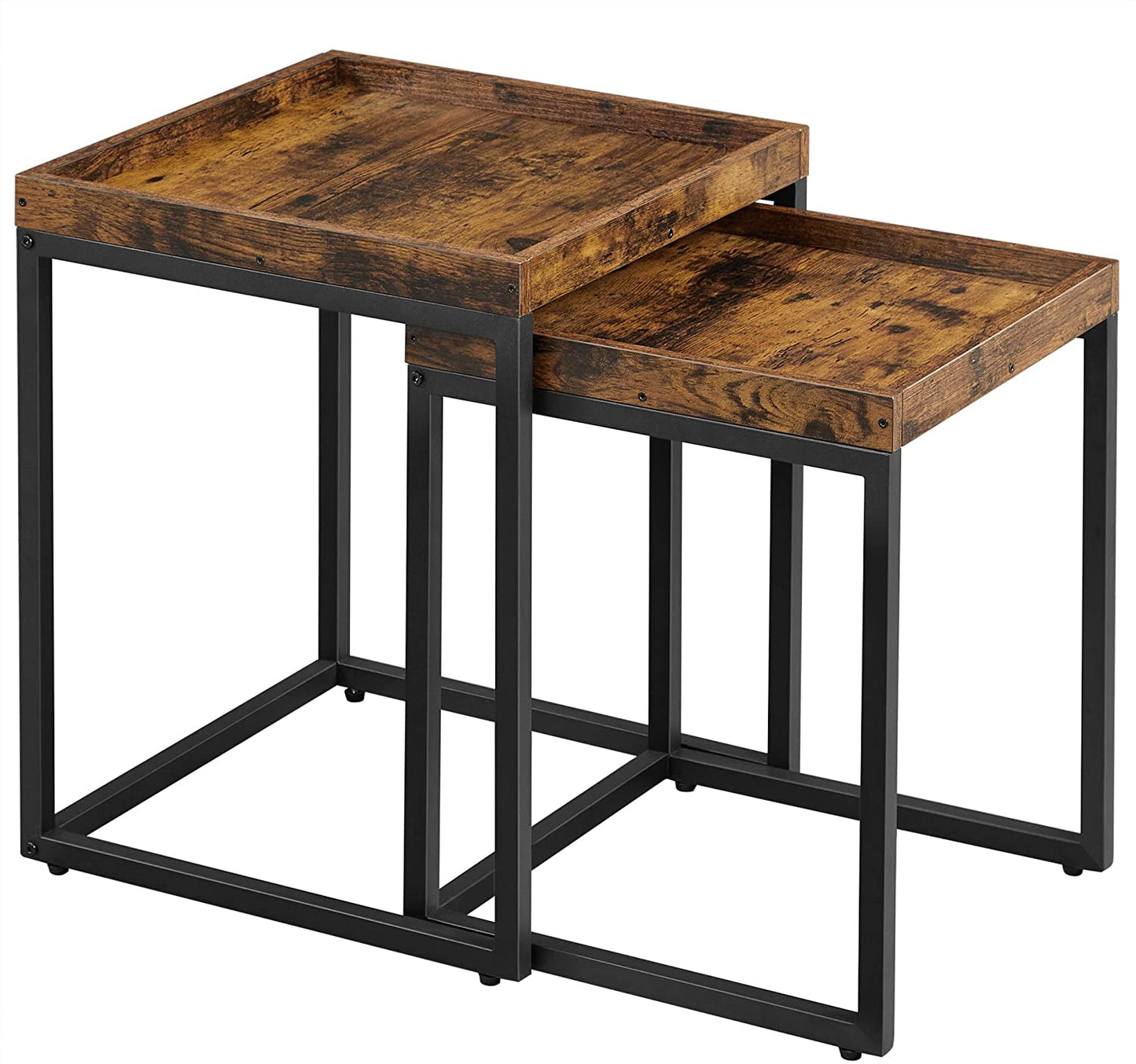 Nest Of Set of 2 Side Tables, End Tables with Raised Edges, Coffee Tables for Living Room, Industrial Rustic Brown and Black