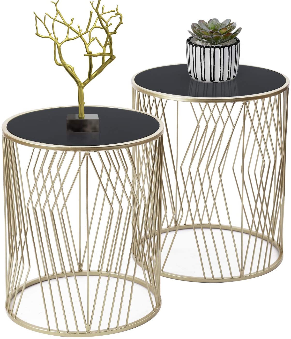 Nest Of Table 2 Pieces End Table Metal Side Tables for Living Room (Black Top Silver)