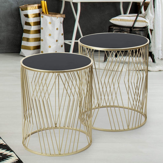 Nest Of Table 2 Pieces End Table Metal Side Tables for Living Room (Black Top Silver)