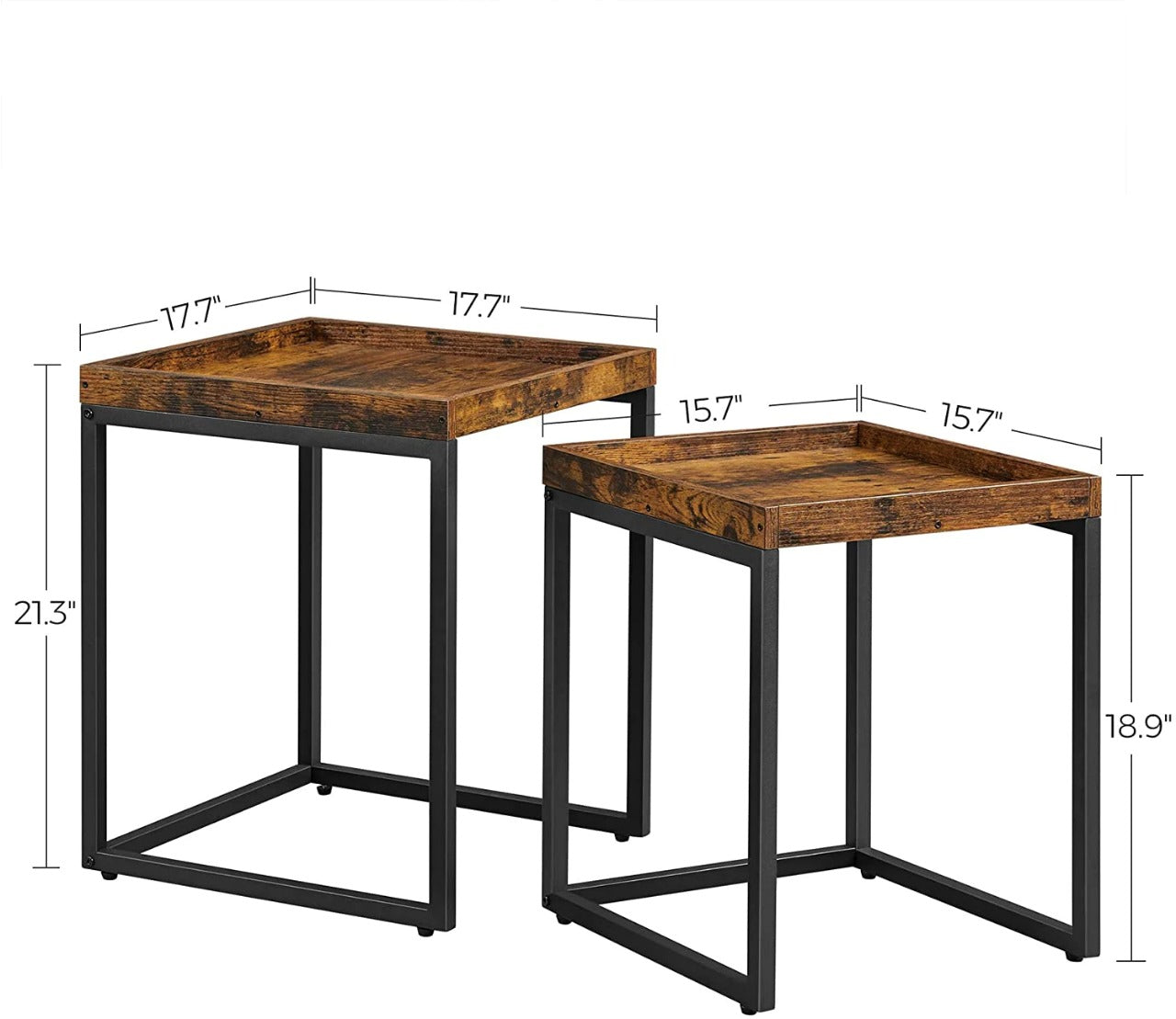 Nest Of Tables: 2 Side Tables, End Tables with Raised Edges, Coffee Tables for Living Room, Industrial Rustic Brown and Black