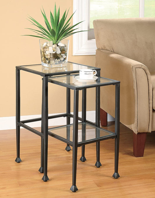 Nest Of Tables: 2 piece Glass and Metal Nesting Tables Black
