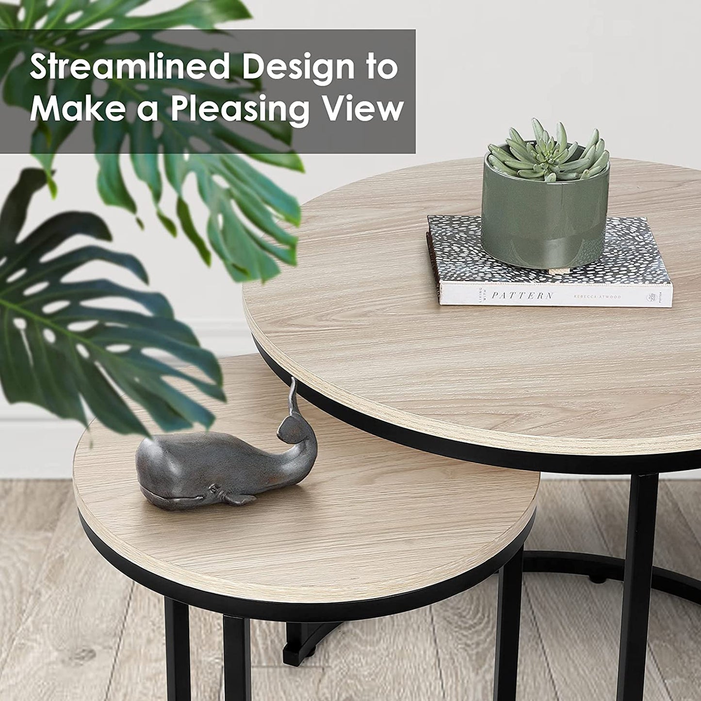 Nest Of Tables: Set of 2 for Living Room, Balcony, Garden, Round Table with Wood Side, Sturdy Metal Frame