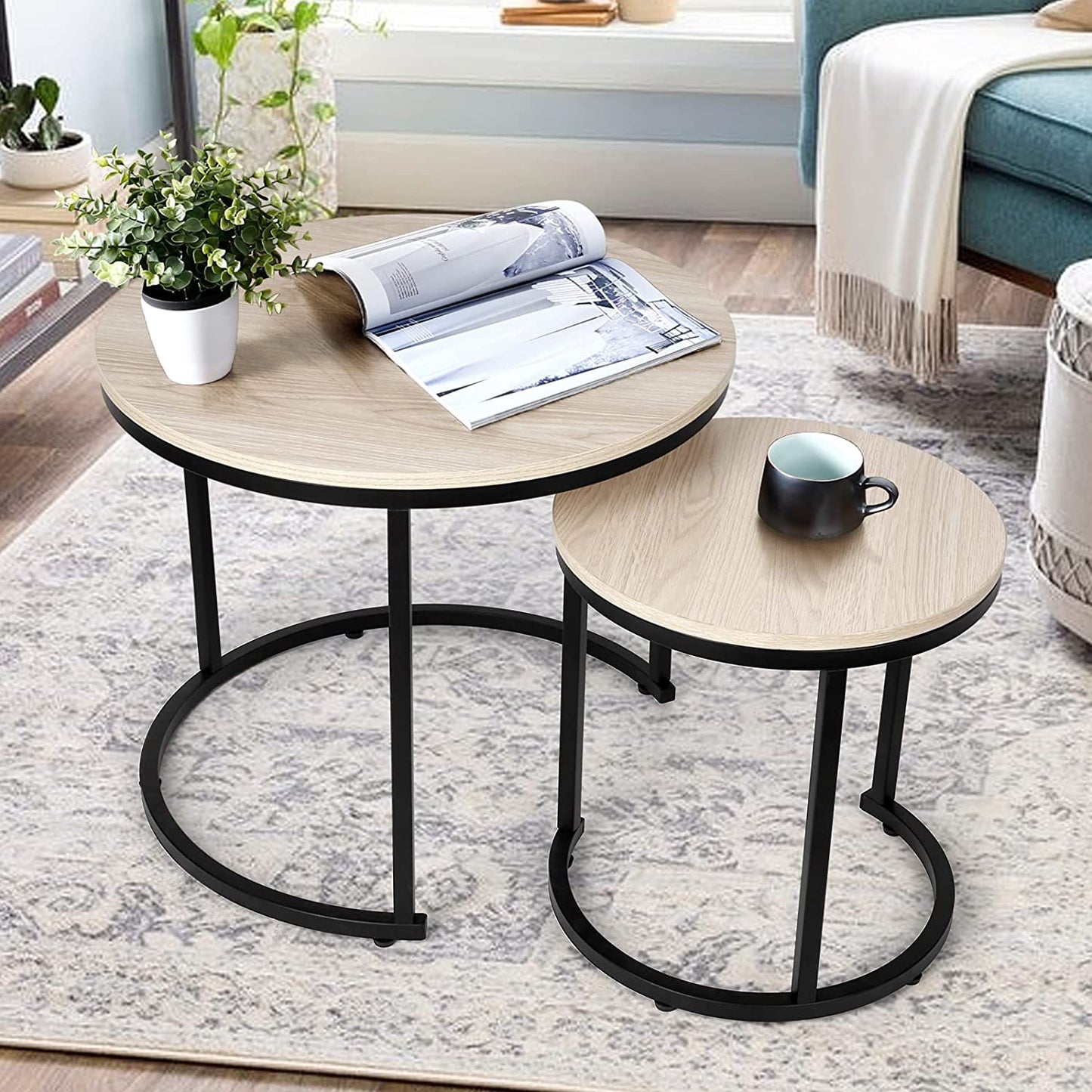 Nest Of Tables: Set of 2 for Living Room, Balcony, Garden, Round Table with Wood Side, Sturdy Metal Frame
