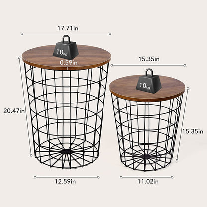 Nest Of Tables Set of 2 Convertible Round Metal Basket Living Room Storage with Wood Tabletop, Accent Side Table with Storage 