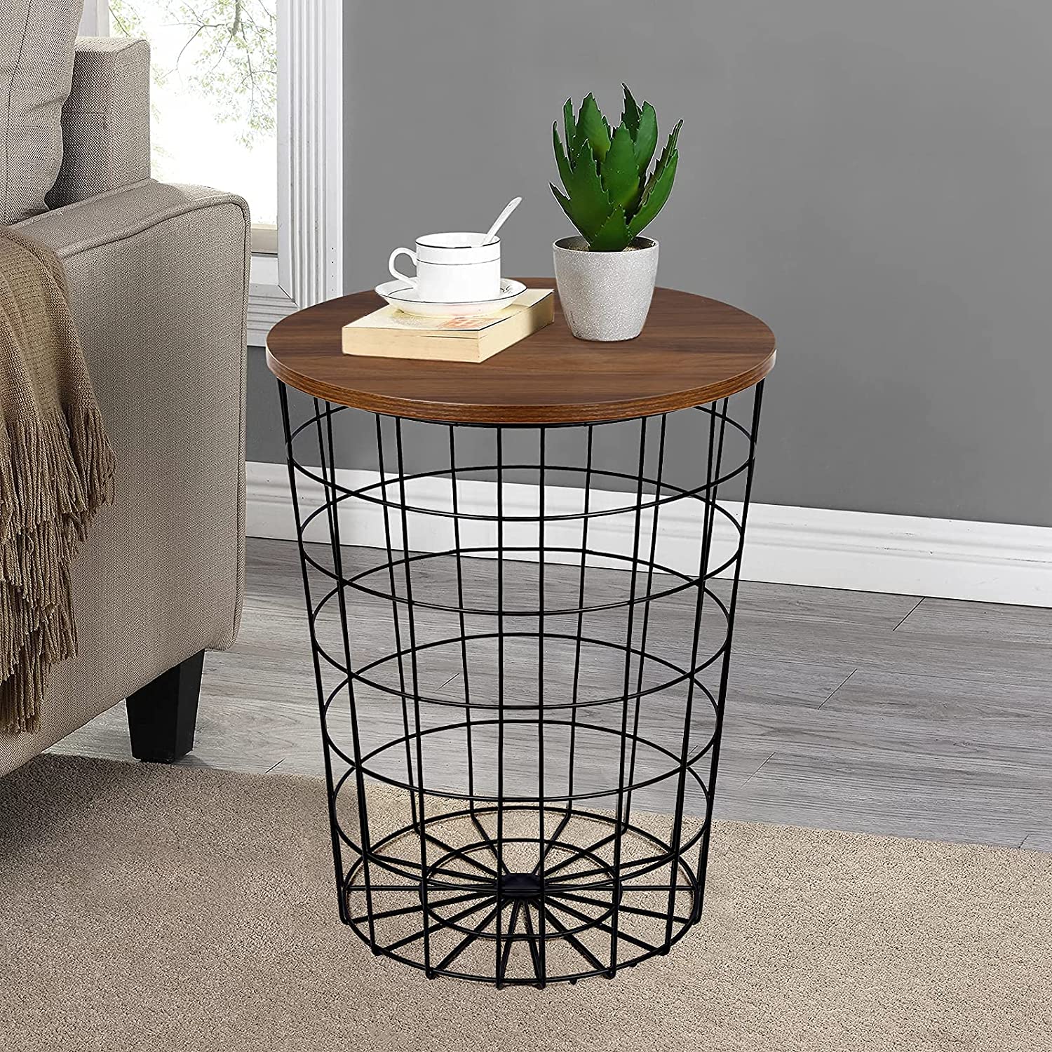 Nest Of Tables Set of 2 Convertible Round Metal Basket Living Room Storage with Wood Tabletop, Accent Side Table with Storage 
