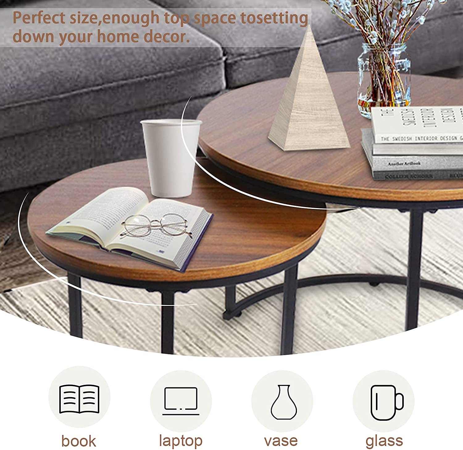 Nest Of Tables Set of 2 End Table Top Sturdy Metal Frame Wood Desk Centerpiece Living Room Bedroom Apartment Modern Industrial Simple