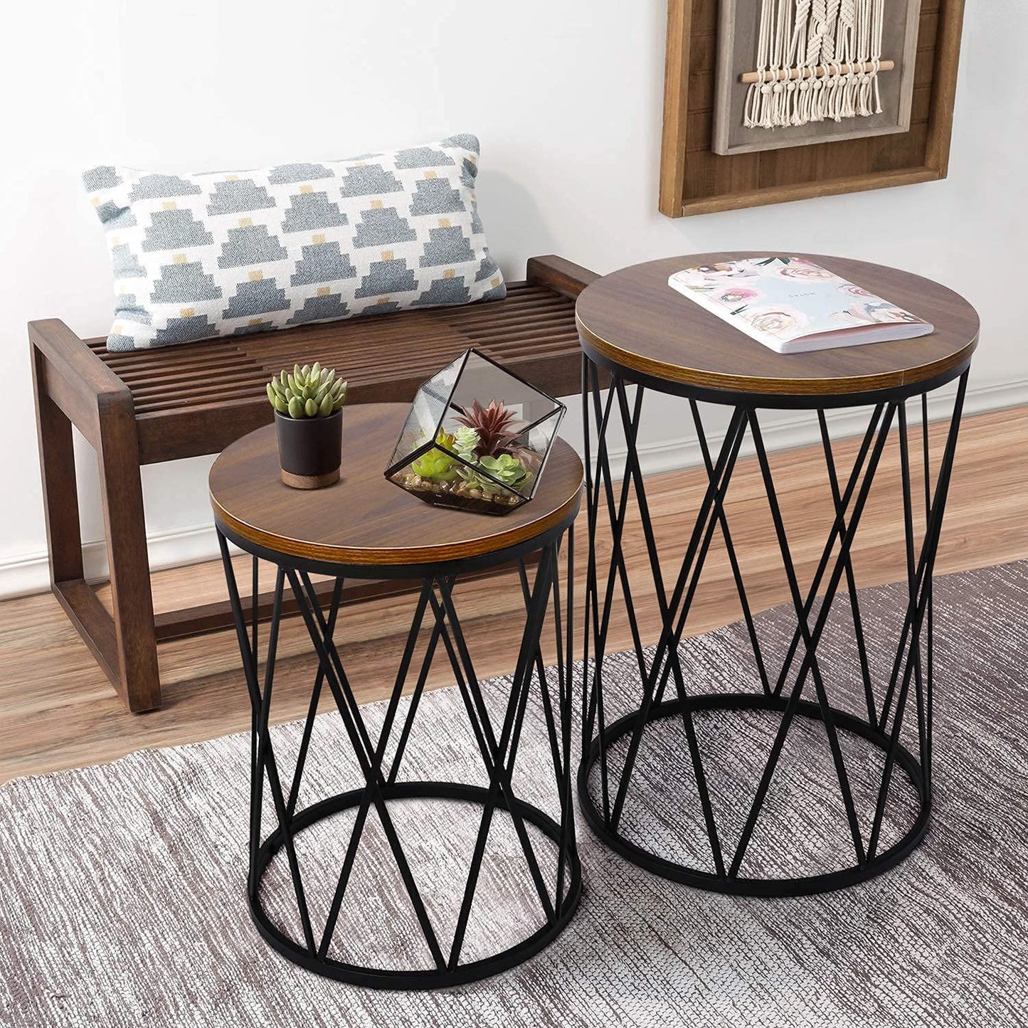 Nest Of Tables: Set of 2 Industrial Nesting Coffee Tables with Wood and Metal Frame, Modern Nightstand for Living Room Bedroom Office, Easy to Storage