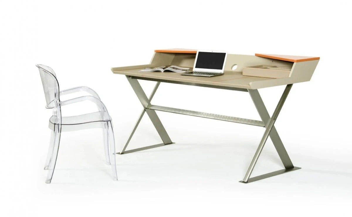 Office Desk: Beige Leatherette and Orange Office Desk