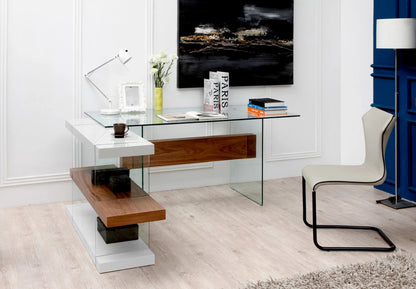 Office Desk : Contemporary White & Walnut Desk & Shelves