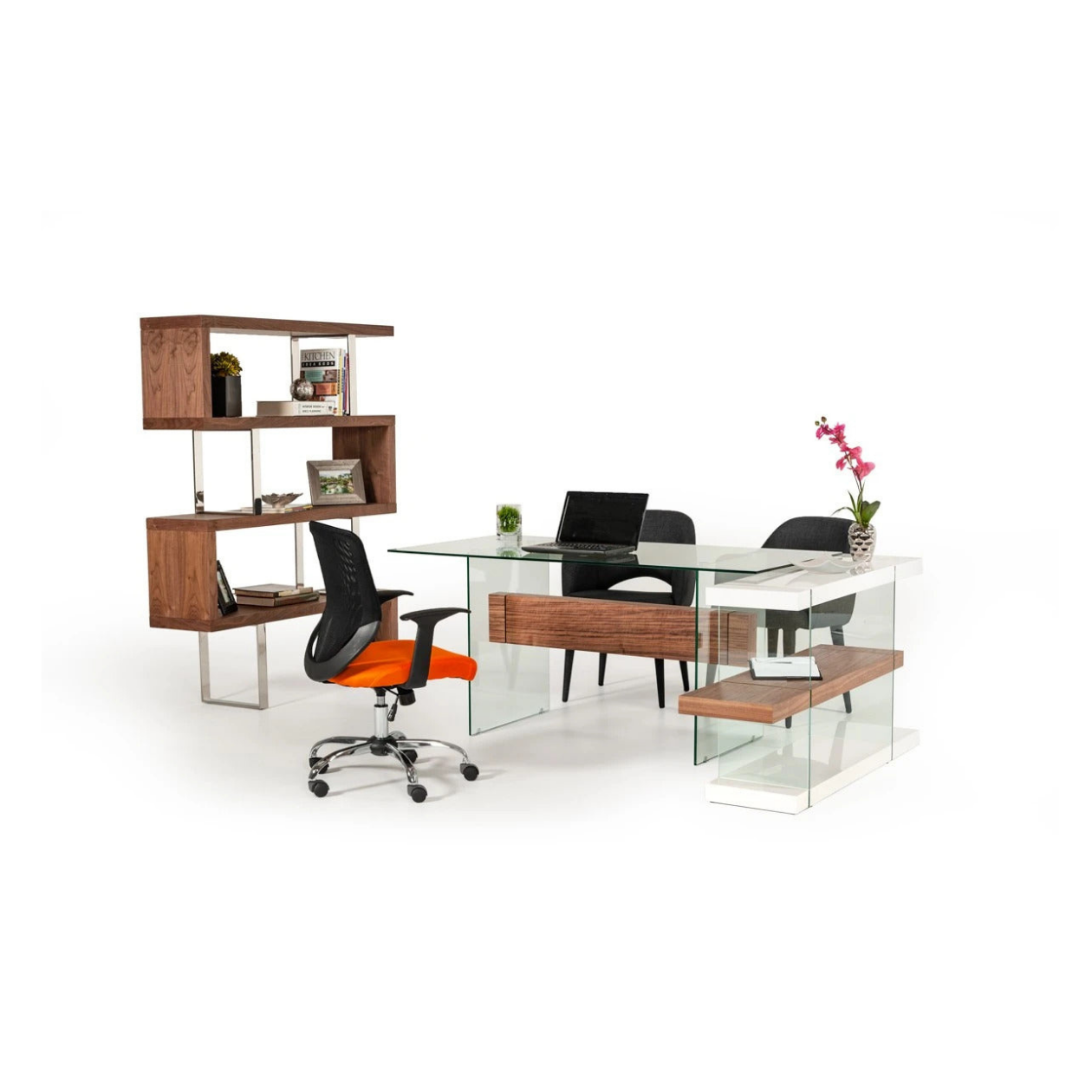 Office Desk  Contemporary White & Walnut Desk & Shelves