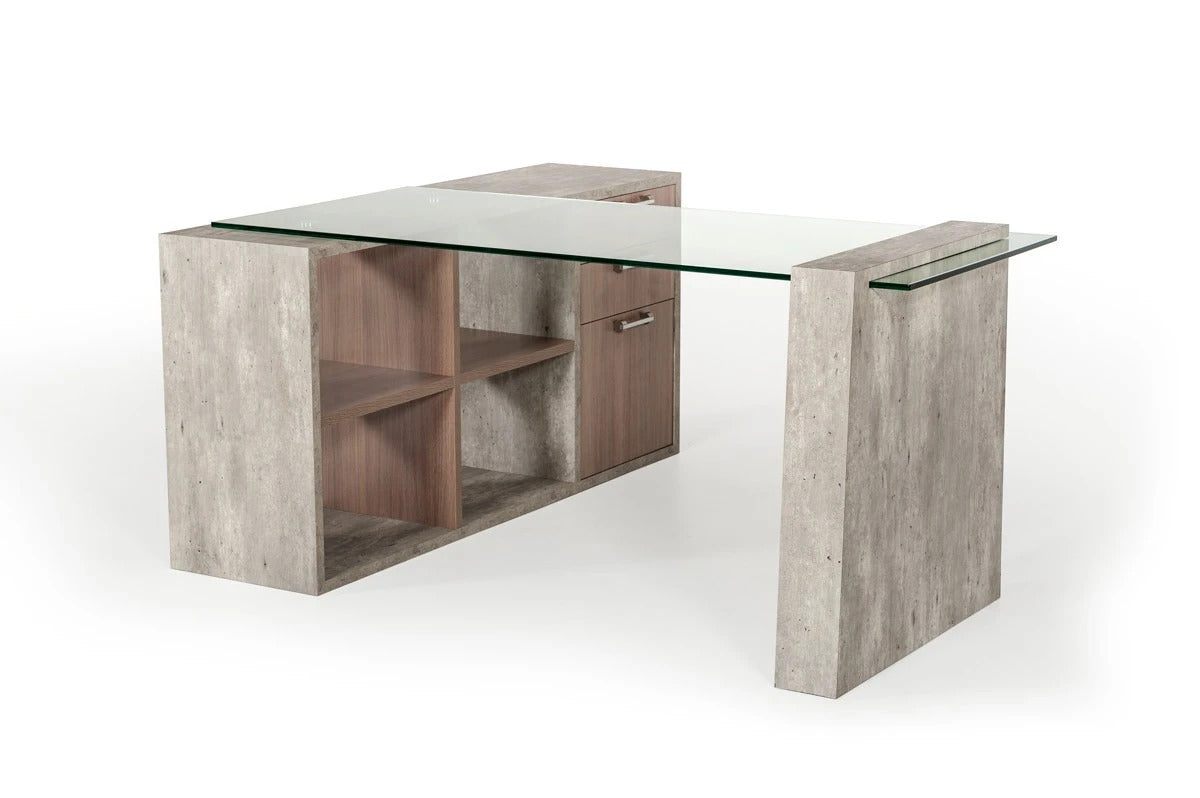Office Desk: Glass & Faux Concrete Office Desk
