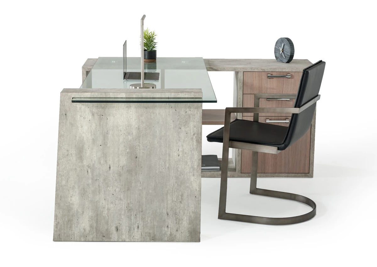 Office Desk: Glass & Faux Concrete Office Desk