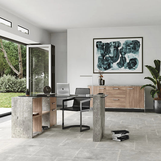 Office Desk: Glass & Faux Concrete Office Desk