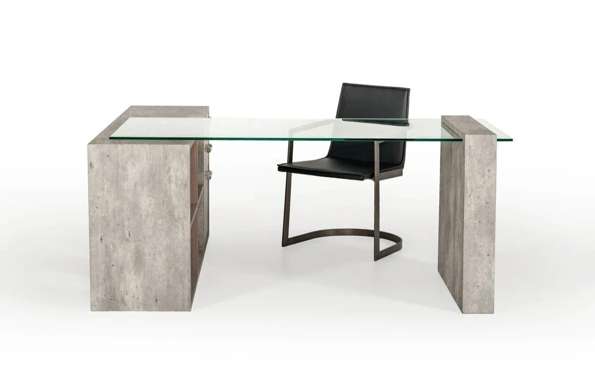 Office Desk: Glass & Faux Concrete Office Desk