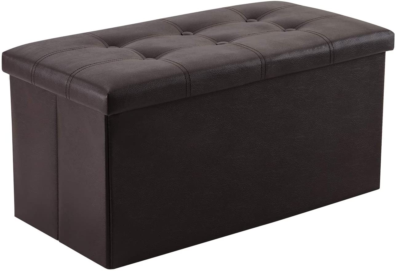 Ottomans : 30 inches Folding Storage Ottoman Leatherette Brown Footrest with Foam Padded