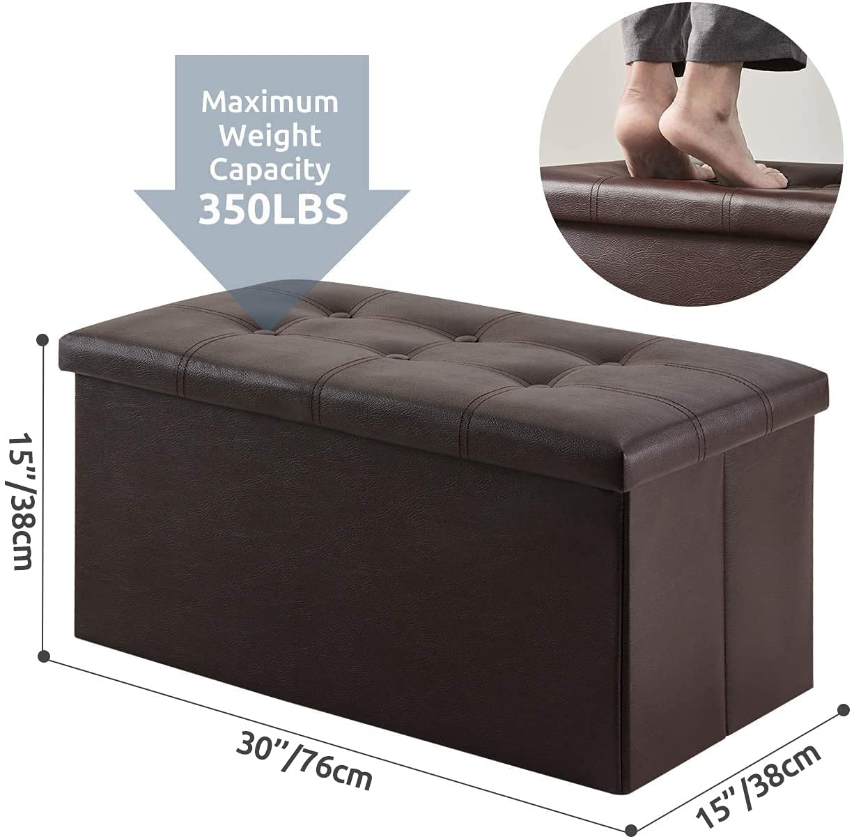 Ottomans : 30 inches Folding Storage Ottoman Leatherette Brown Footrest with Foam Padded