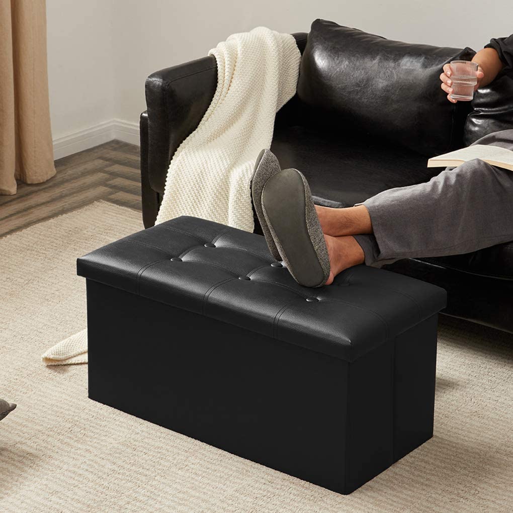 Ottomans : 30 inches Folding Storage Ottoman Leatherette Brown Footrest with Foam Padded