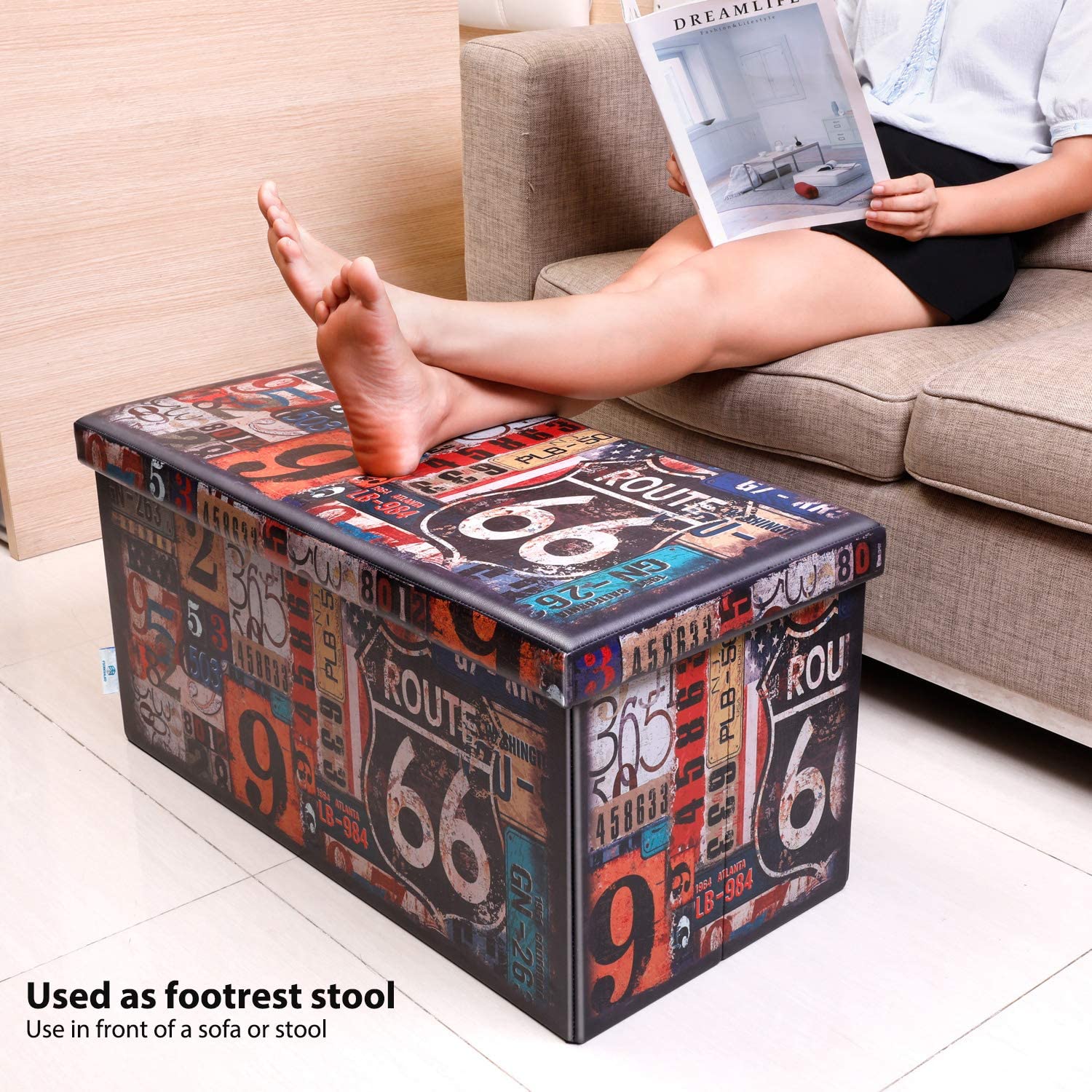 Ottomans : Folding Storage Ottoman Bench with Faux Leatherette Footrest Seat