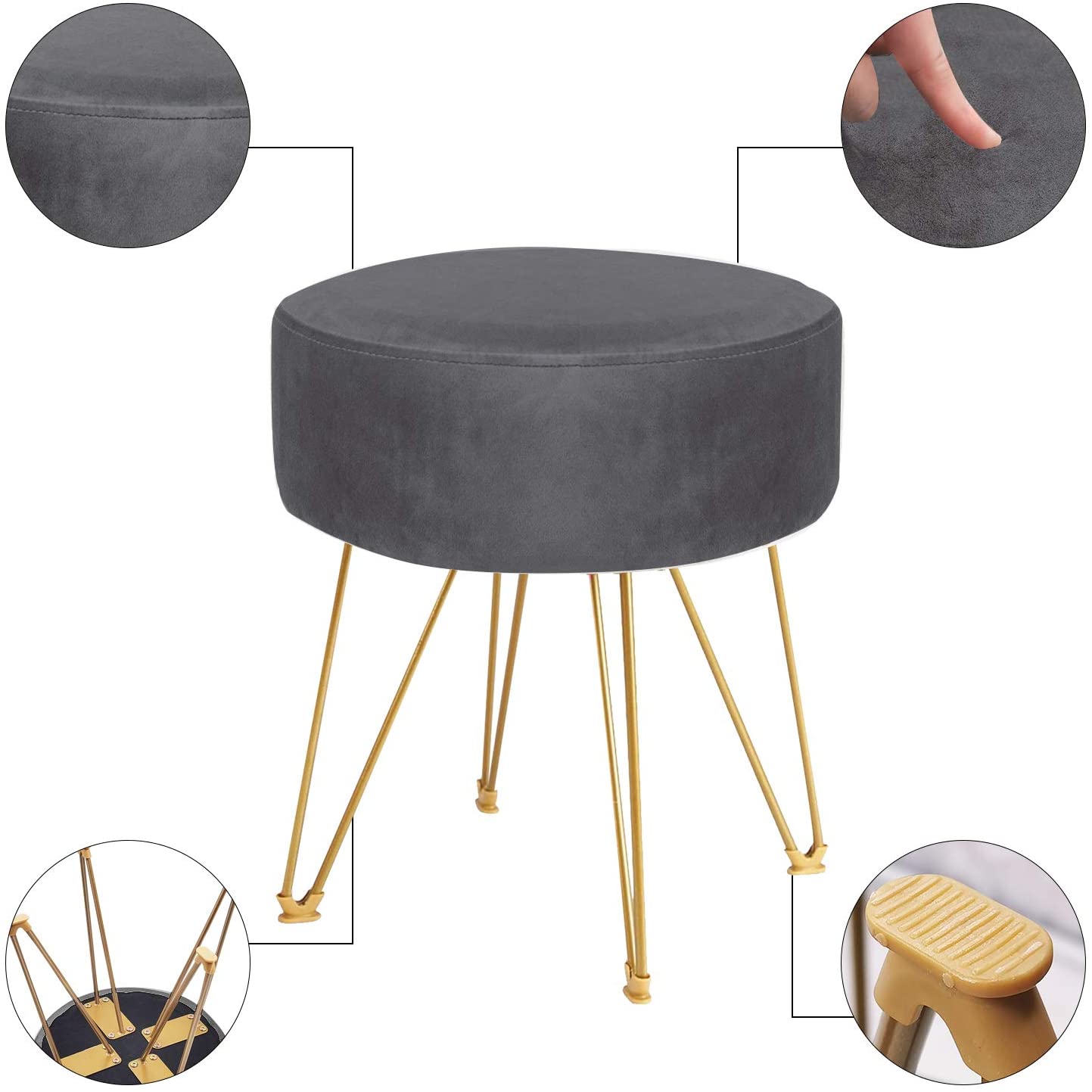 Ottomans : Round Footstool Ottoman with Gold Metal Legs Upholstered Footrest